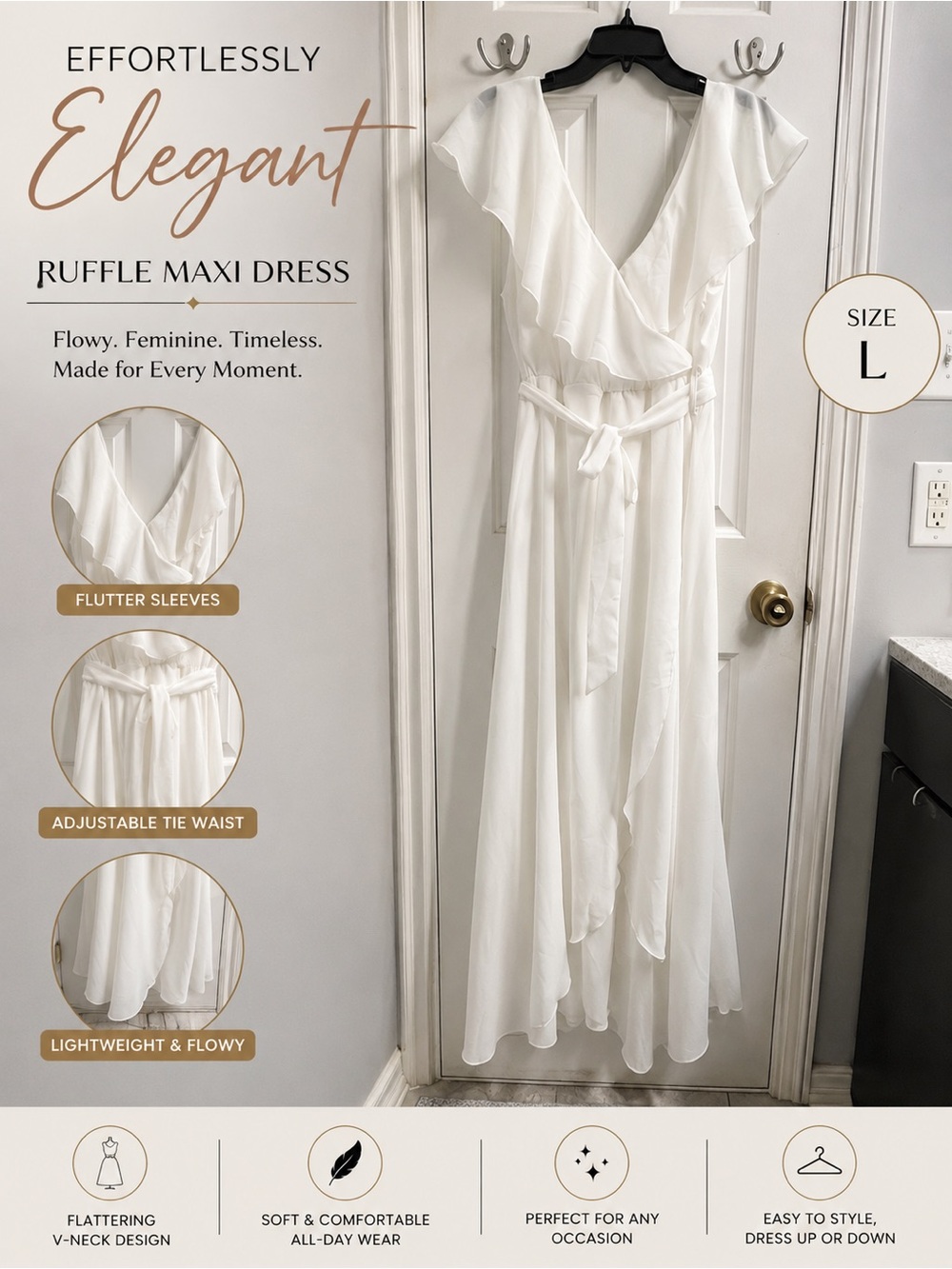 🤍 Romantic White Wrap Maxi Dress | Soft Ruffle Evening & Resort Style Large